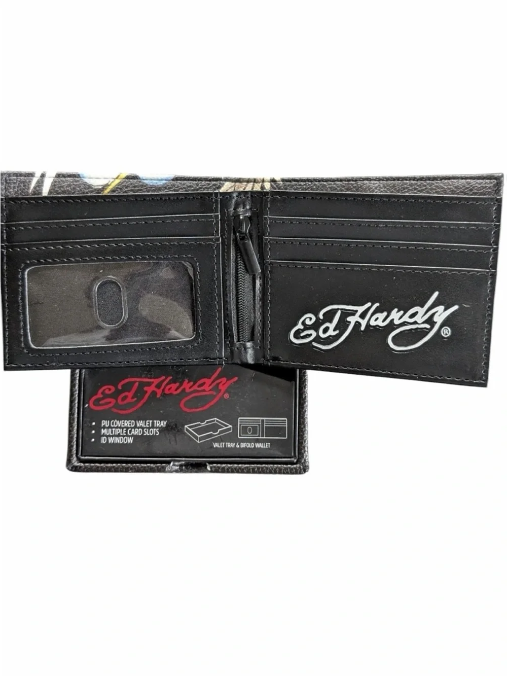 Ed Hardy Wallet Black Bifold Eagle Vegan Leather Logo Streetwear vallet case